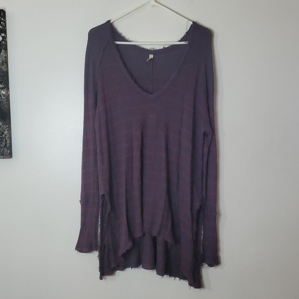 Free People Sunset Park Drippy Waffleknit Flowy Thermal Size Large Grey Red